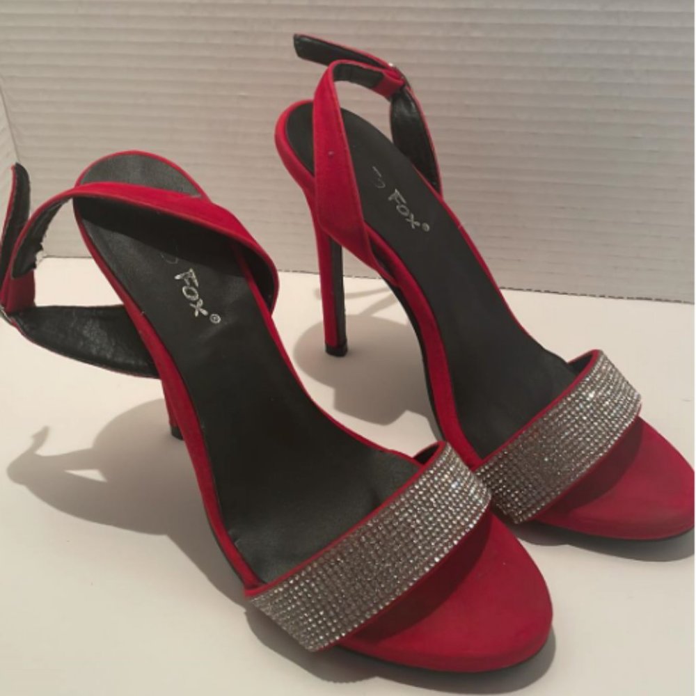 Luxe Red Suede High Heels with Dazzling Rhinestone Accents